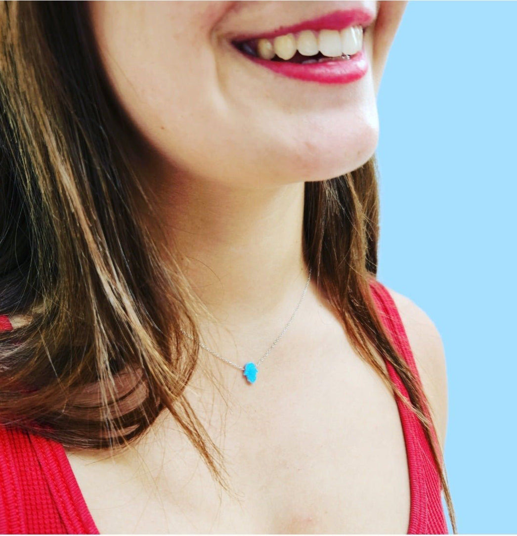 Blue Opal Hamsa Necklace Silver Large Blue