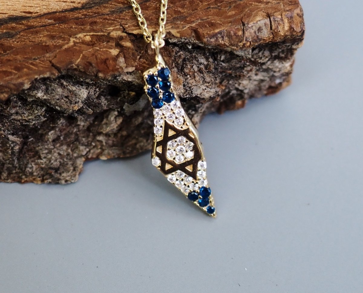 Map Of Israel Blue and White Gemstones With Jewish Star of David Necklace