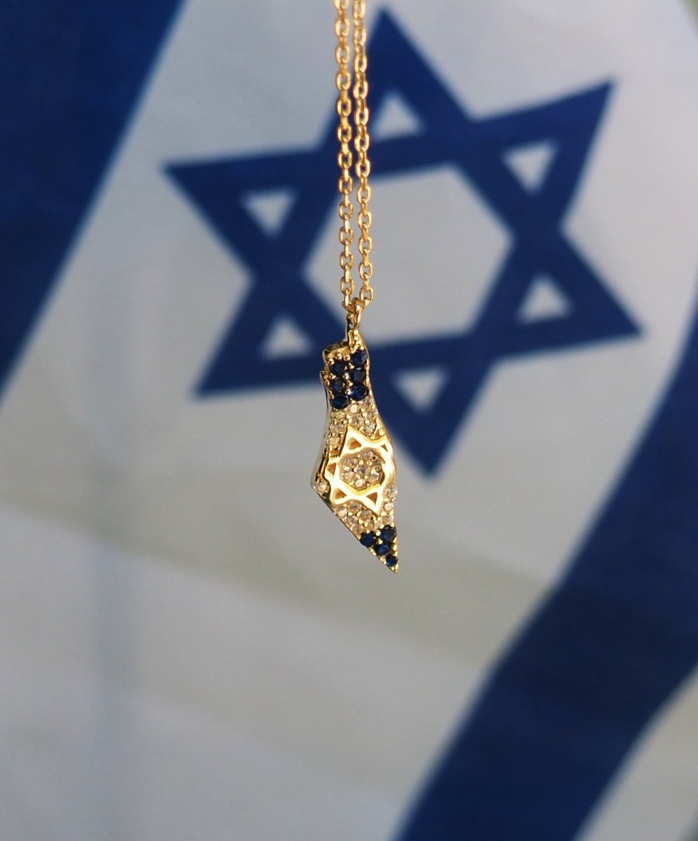 Map Of Israel Blue and White Gemstones With Jewish Star of David Necklace