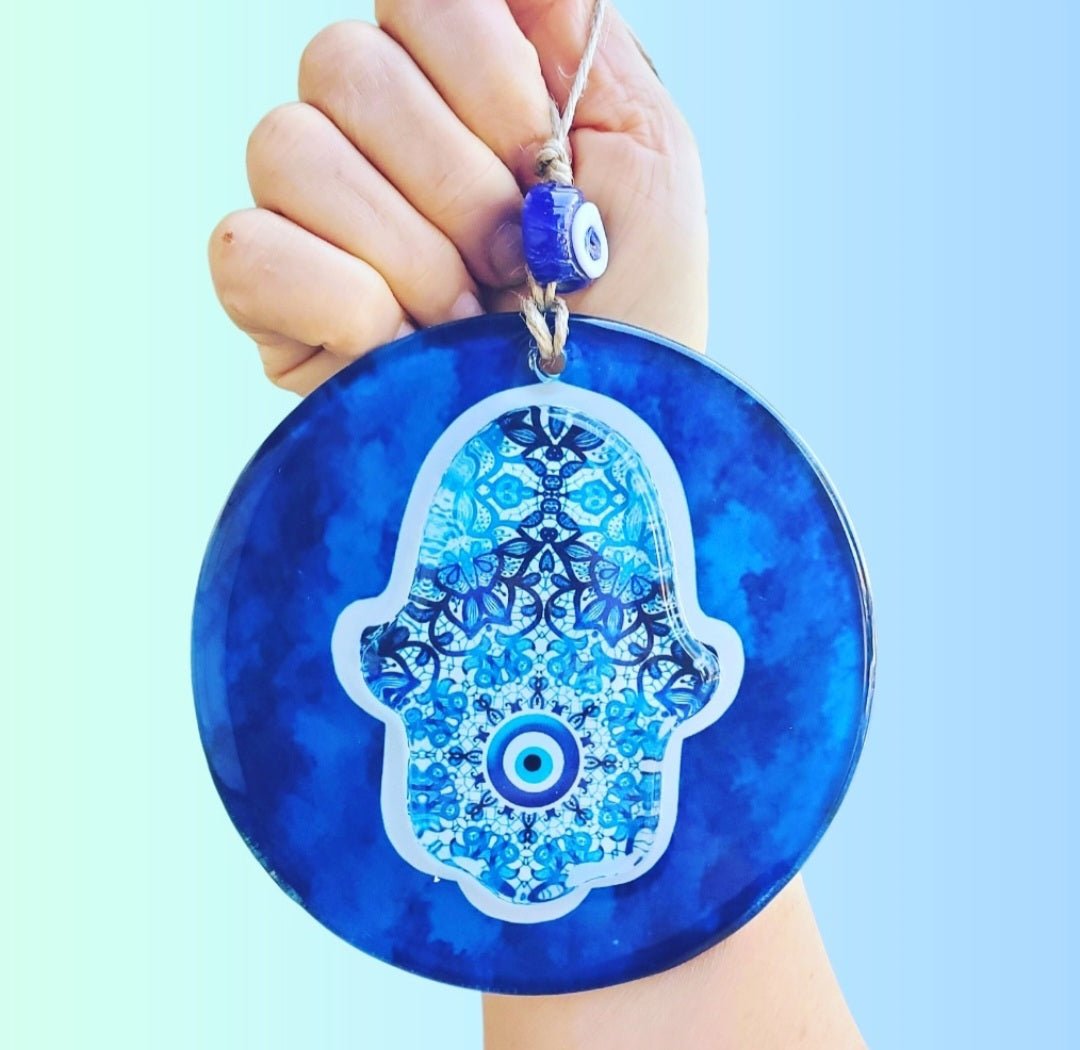 Hamsa Glass Wall Hanging in Shades of Blue