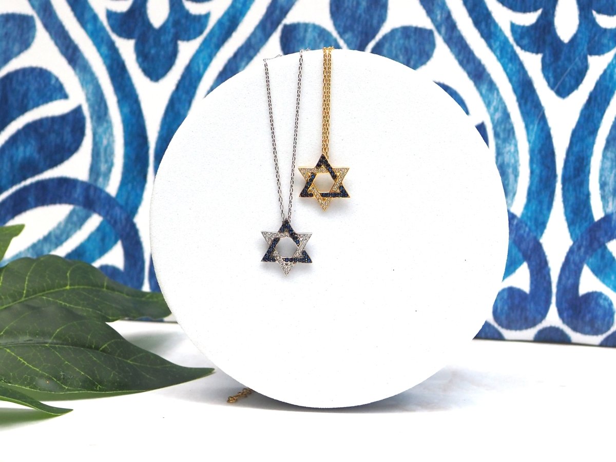 Jewish Star Necklace | Blue or White Gemstones