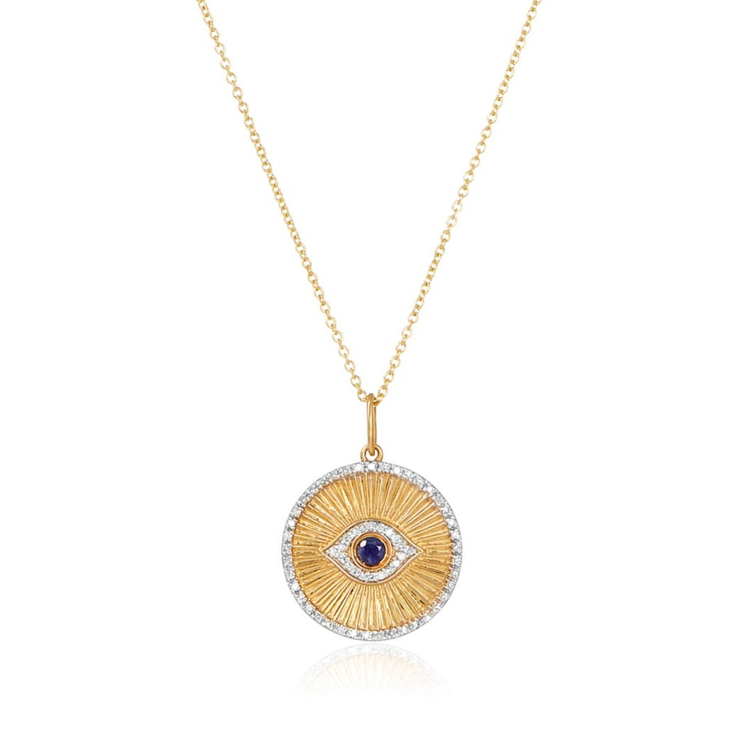 Multi cz evil eye necklace with mother of pearl element and sapphire blue  drop -