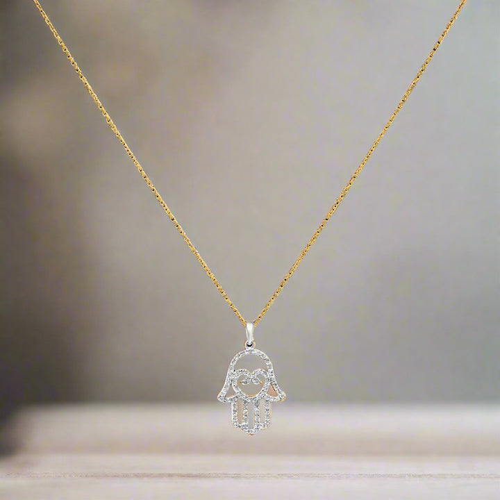 Hamsa and Heart Diamond Necklace in 14k Gold