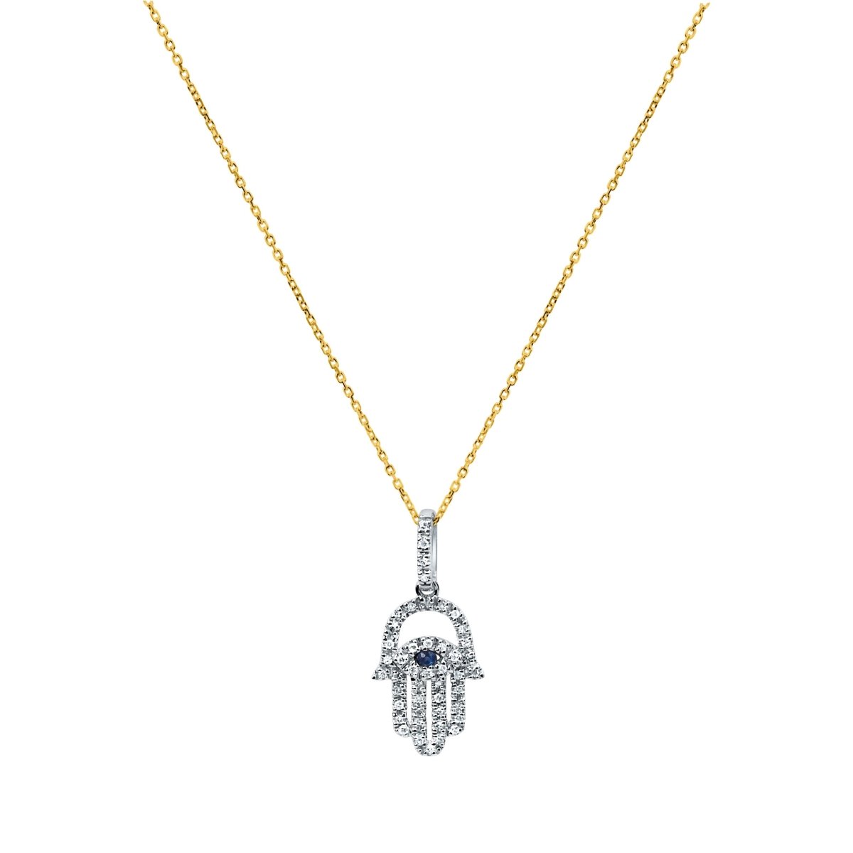 Sapphire and Diamond Hamsa Necklace in 14k Gold