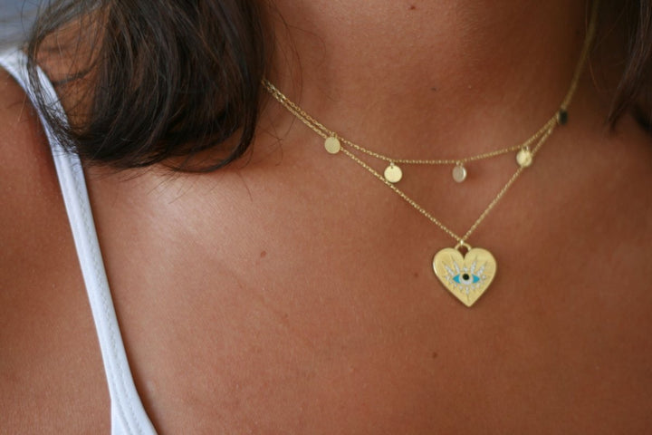 Evil Eye and Heart Necklace | Silver or Gold