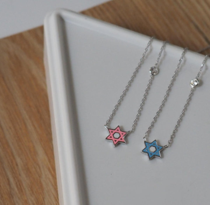 Pink or Blue Jewish Star Necklace with a Sparkling Gemstone