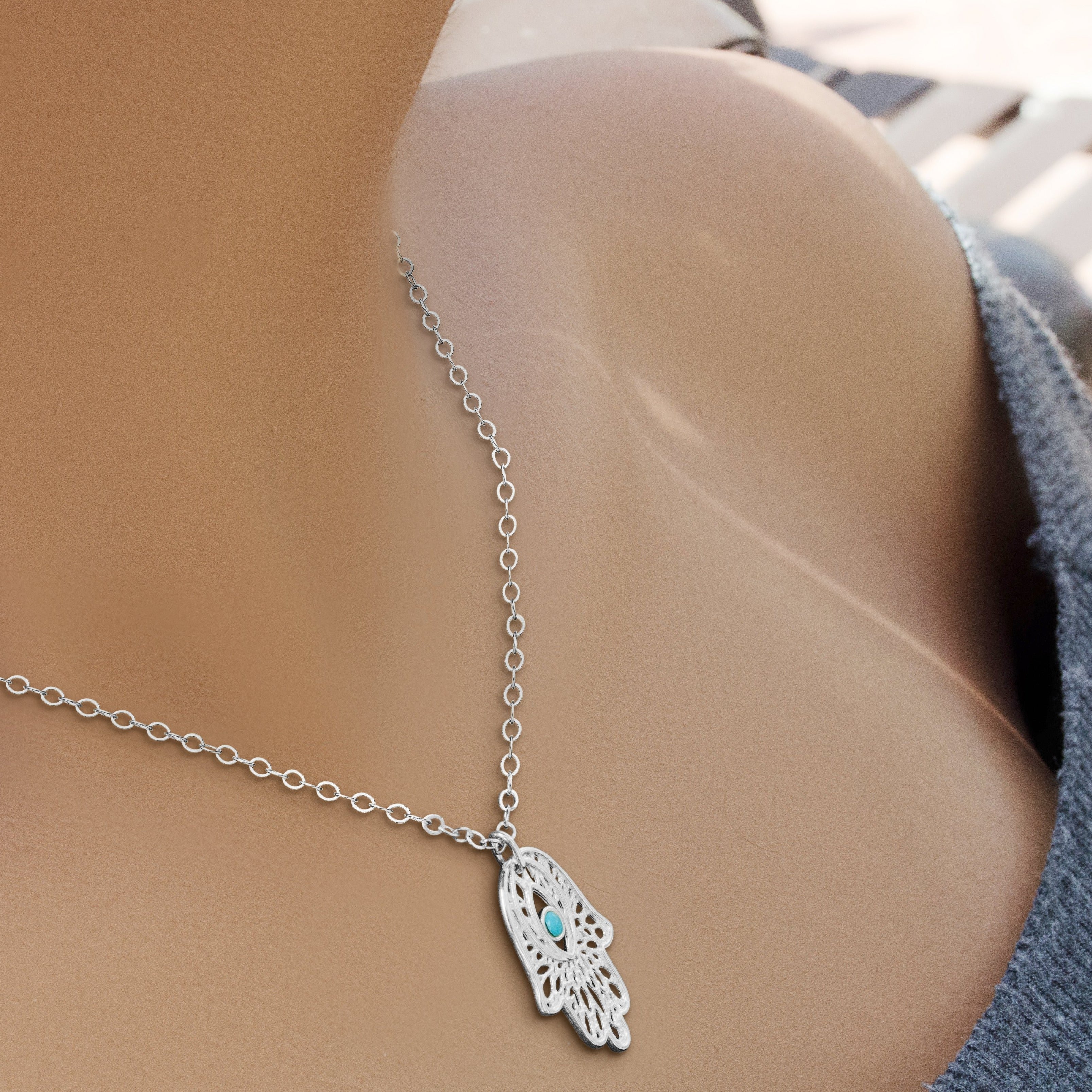 Sterling Silver Hamsa Filigree Pendant on sale with Colored Gemstones