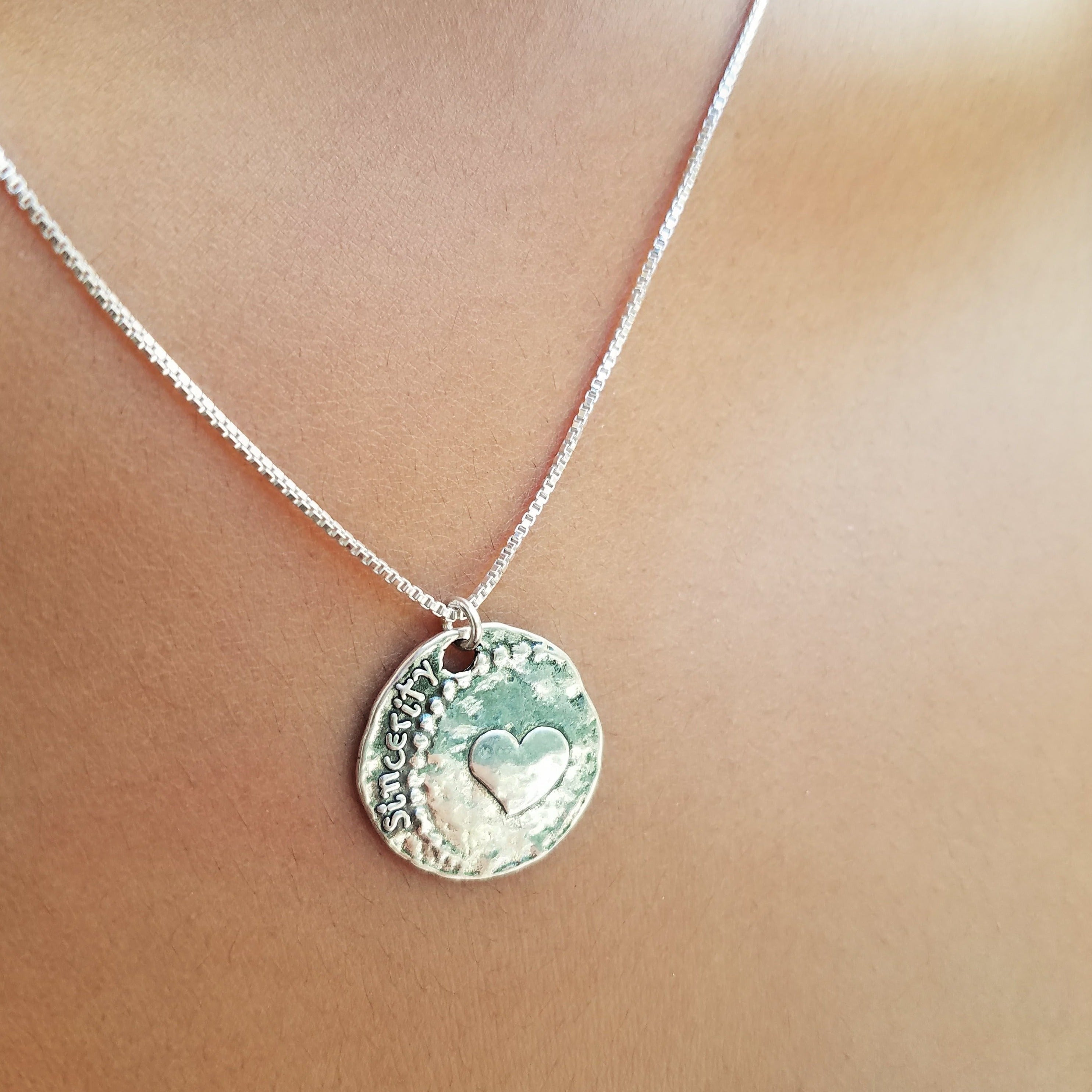 Coin Heart Silver Necklace - Alef Bet Jewelry by Paula