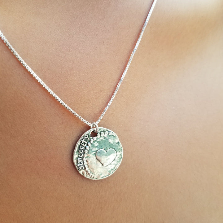 Coin Heart Silver Necklace - Alef Bet Jewelry by Paula