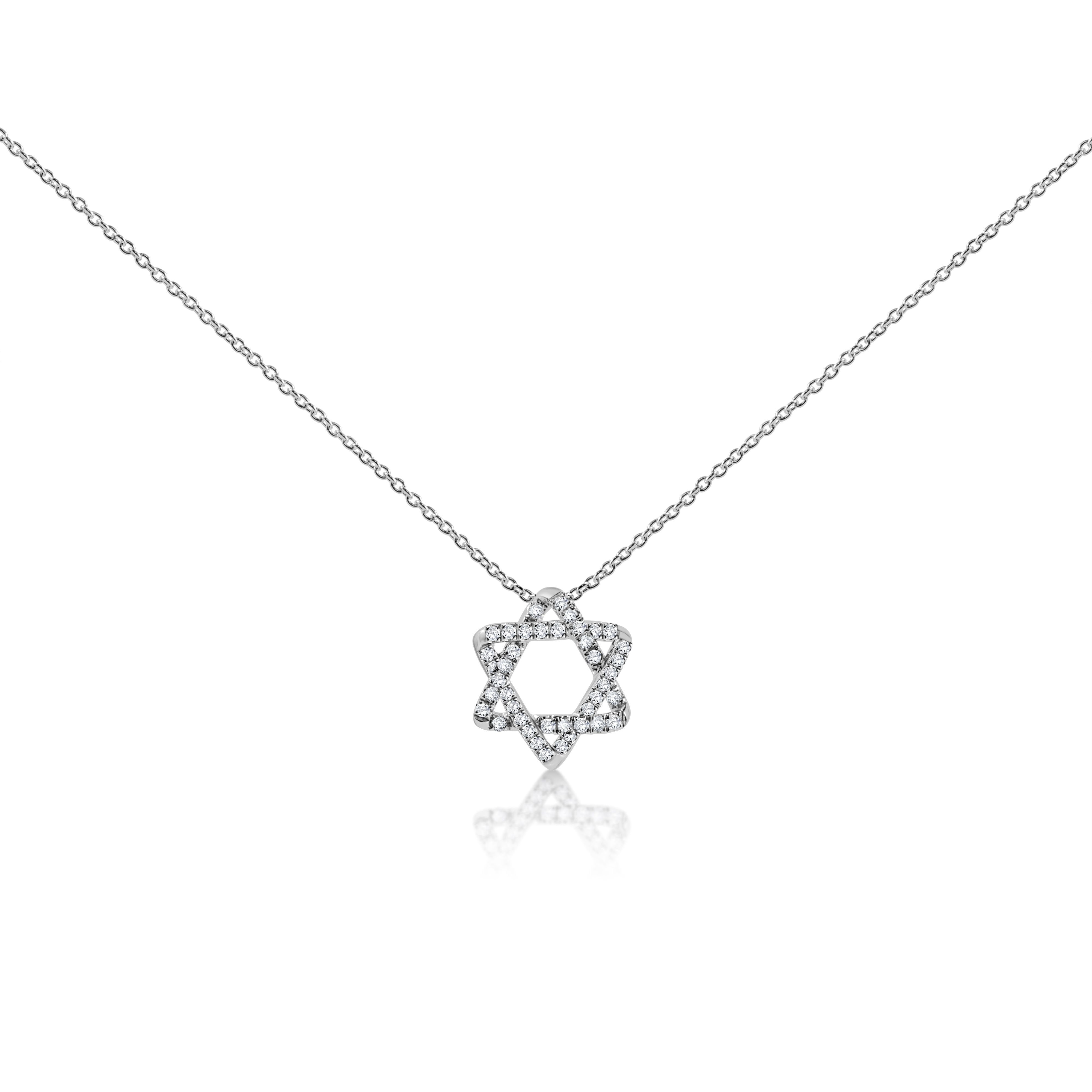 Diamond Jewish Star of Magen David Heart Pendant 14k White Gold Rolo Chain  16