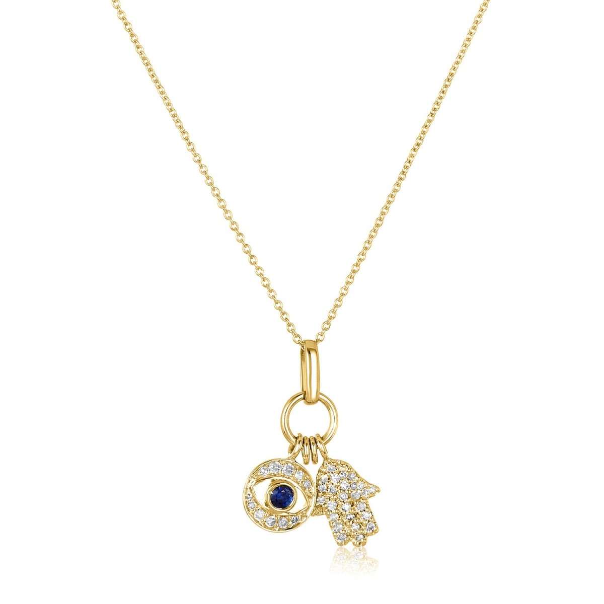 Hamsa and Evil Eye Diamond and Sapphire Gold Necklace Yellow Gold 16 Chain